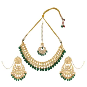 Designer Dark Green and Golden Kundan Necklace With Earrings and Maang Tikka Set