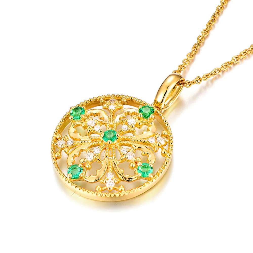 Diamond and Emerald Floral Pendant Necklace