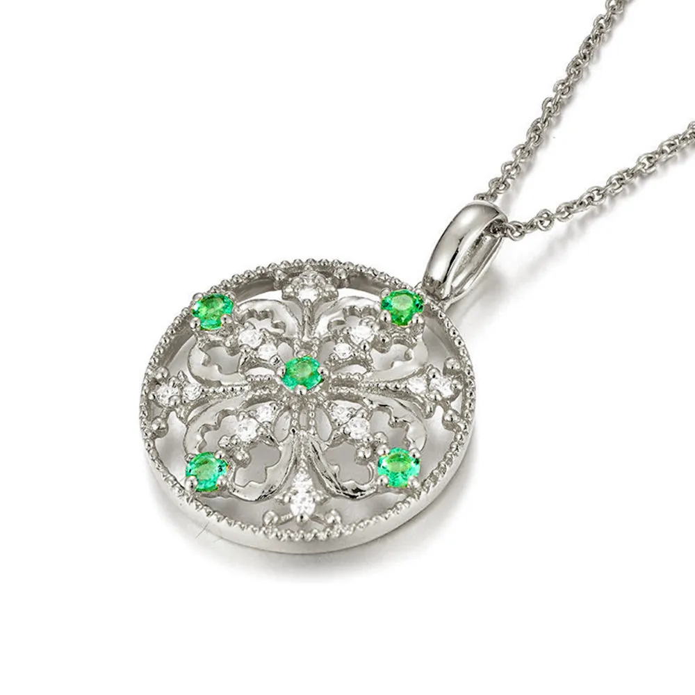 Diamond and Emerald Floral Pendant Necklace