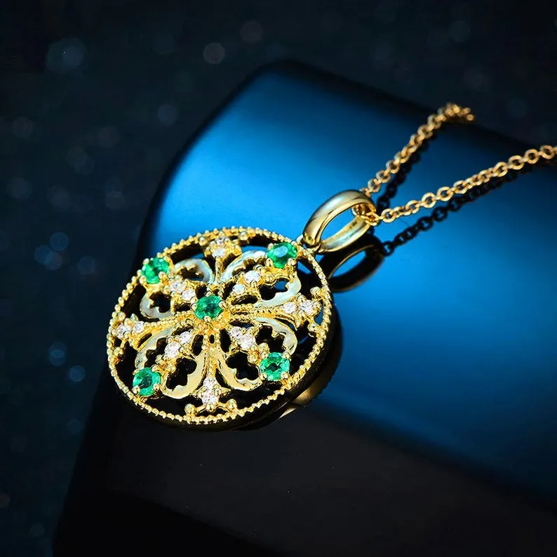 Diamond and Emerald Floral Pendant Necklace