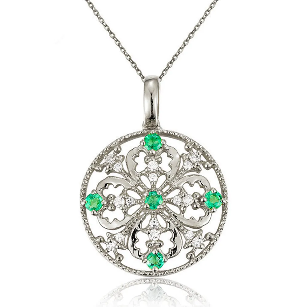 Diamond and Emerald Floral Pendant Necklace