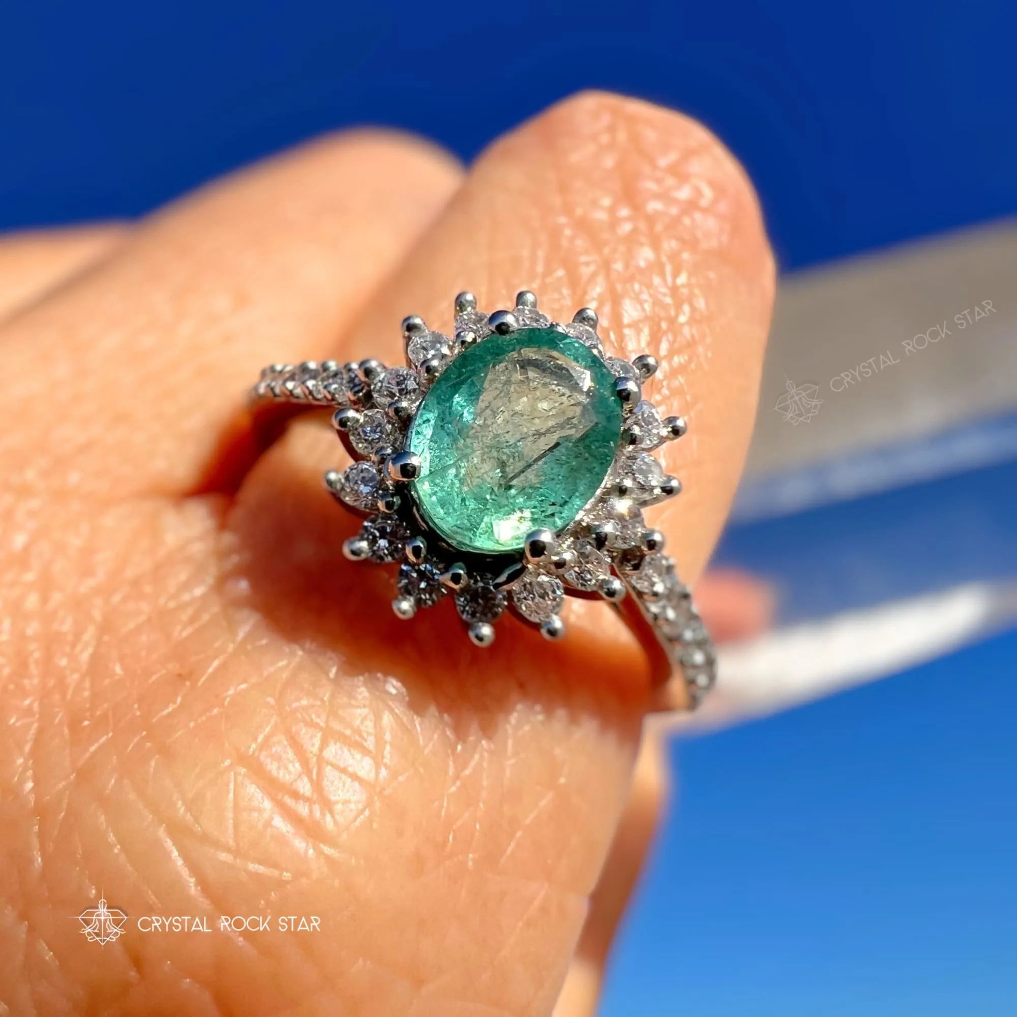 Emerald & Black Tourmaline Halo Sterling Silver Ring