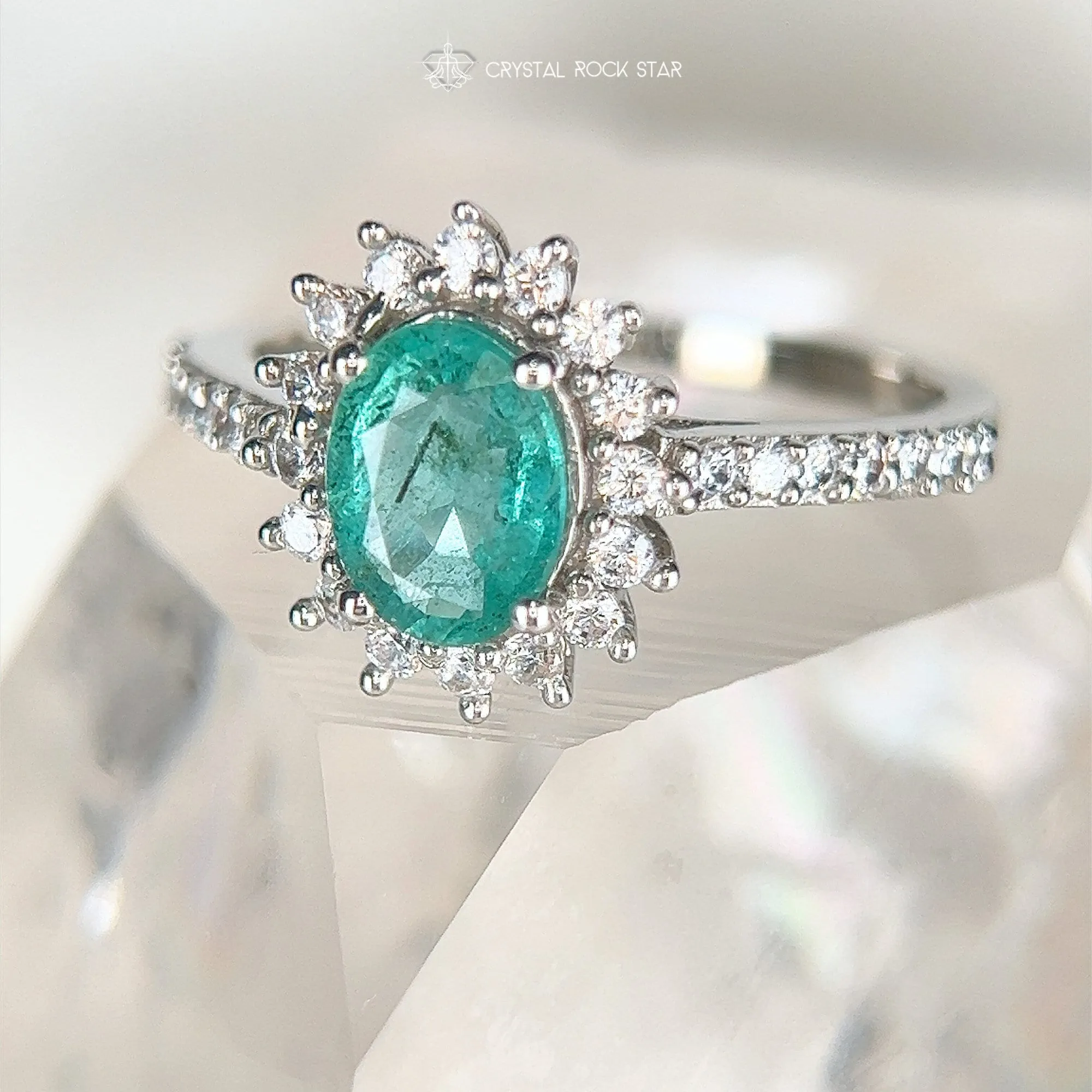 Emerald & Black Tourmaline Halo Sterling Silver Ring