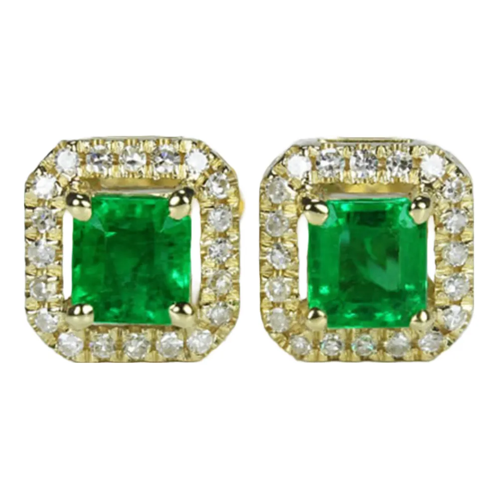 Emerald and Diamond Halo Earring Studs