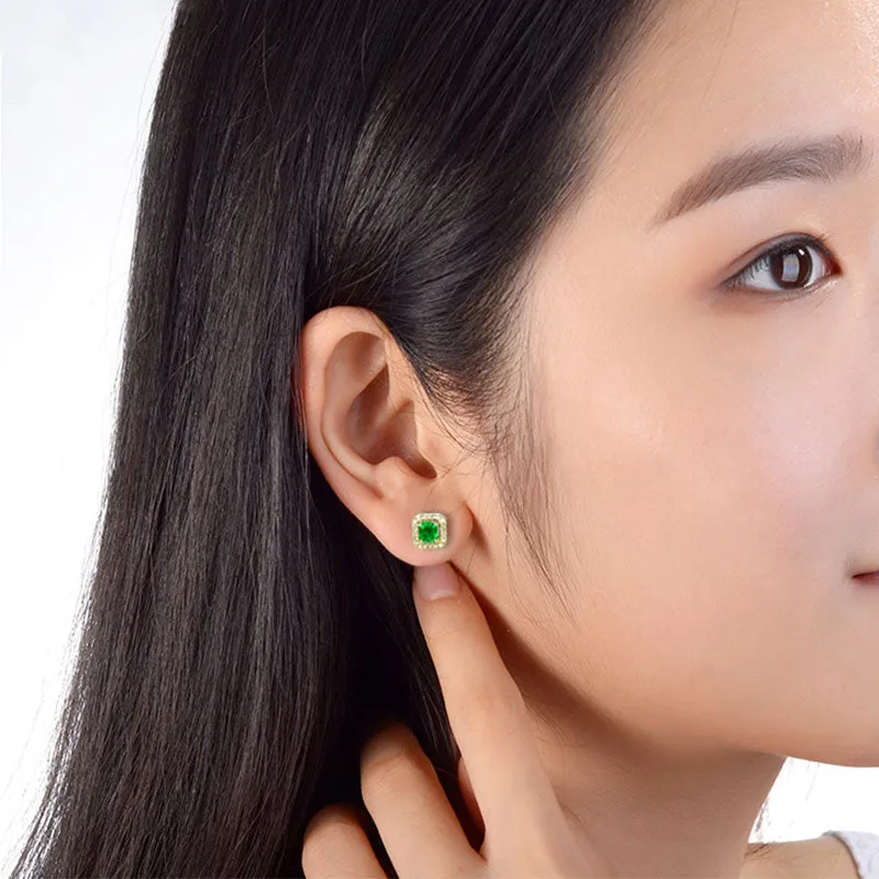 Emerald and Diamond Halo Earring Studs