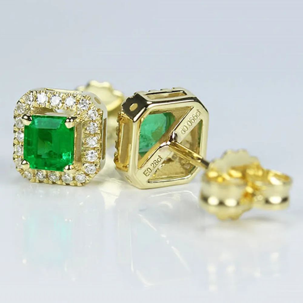 Emerald and Diamond Halo Earring Studs