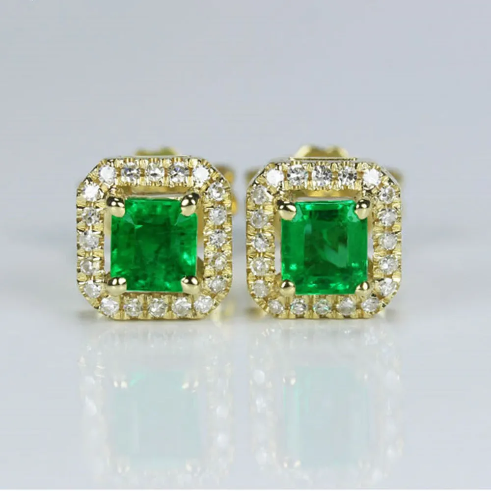 Emerald and Diamond Halo Earring Studs