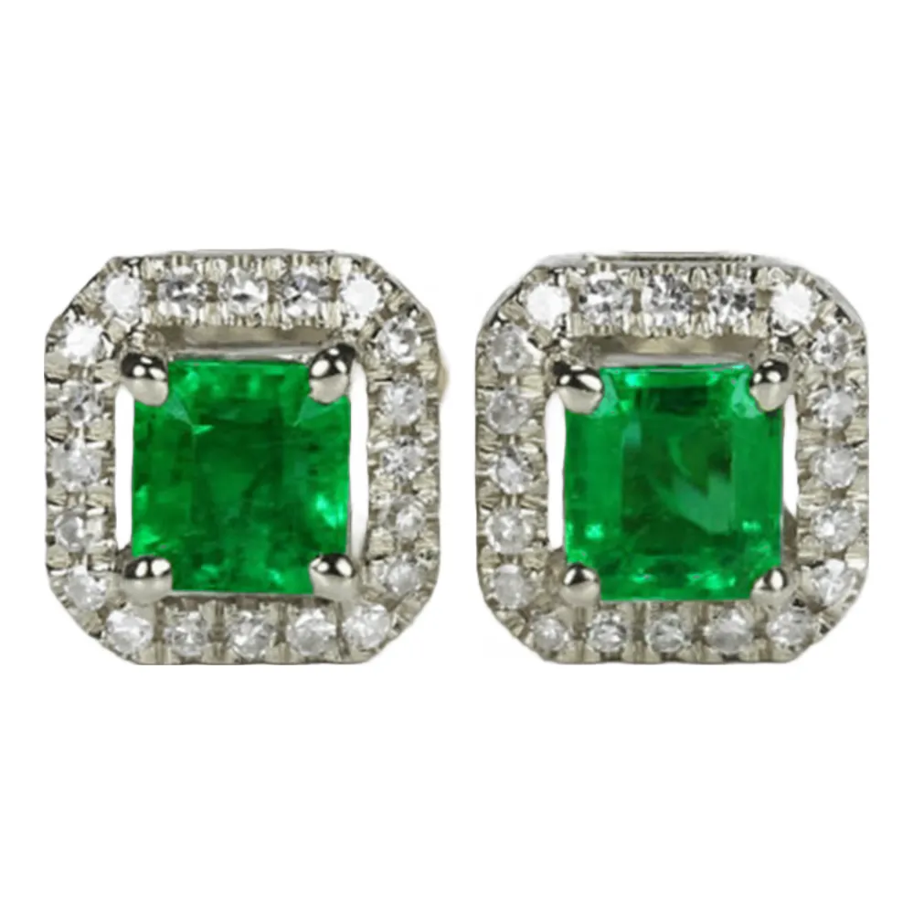Emerald and Diamond Halo Earring Studs