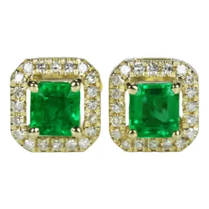 Emerald and Diamond Halo Earring Studs
