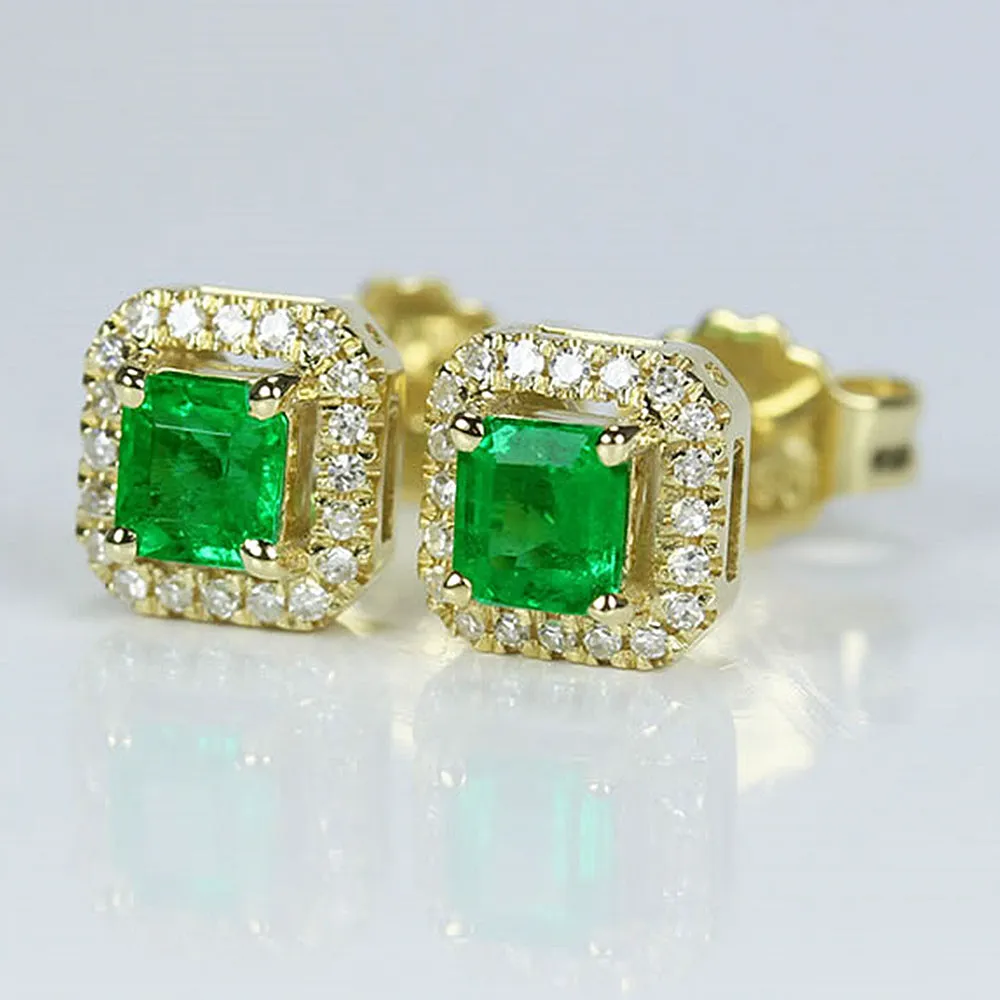 Emerald and Diamond Halo Earring Studs