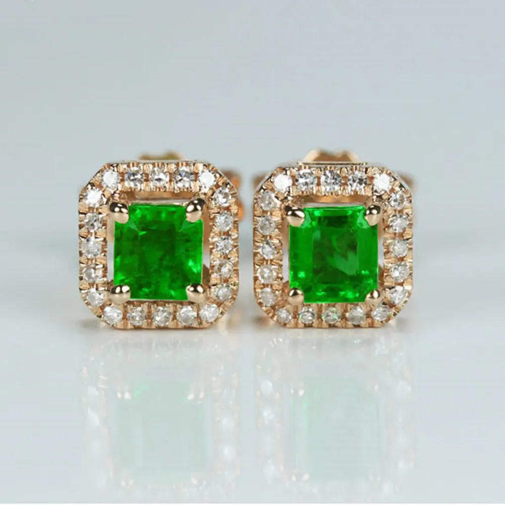 Emerald and Diamond Halo Earring Studs