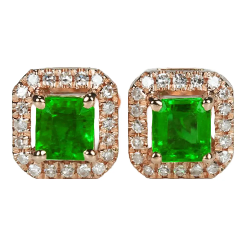 Emerald and Diamond Halo Earring Studs