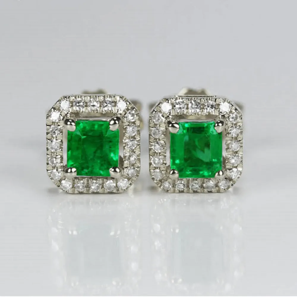 Emerald and Diamond Halo Earring Studs