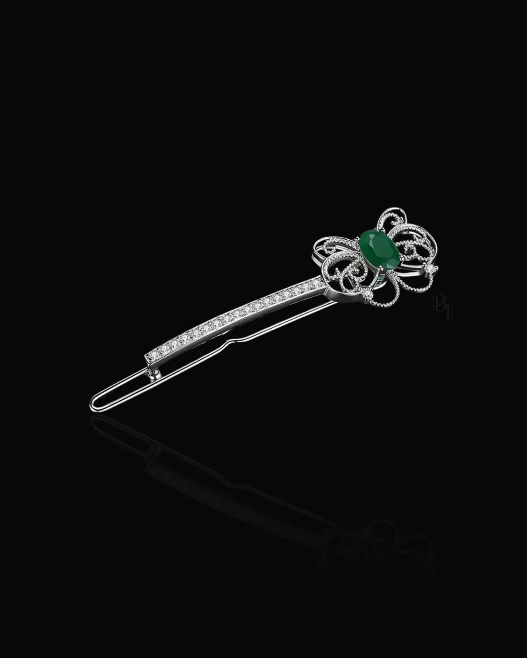 Emerald Bow 14k White Gold Hair Pin with Set of Signature Silver Bobby Pins