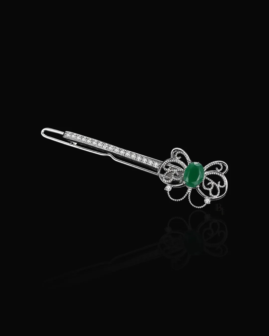 Emerald Bow 14k White Gold Hair Pin with Set of Signature Silver Bobby Pins