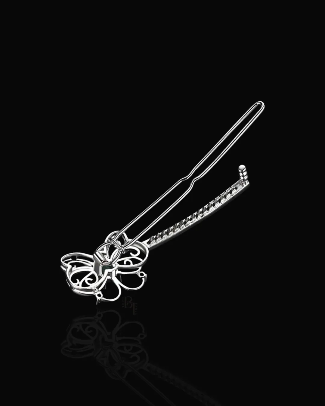 Emerald Bow 14k White Gold Hair Pin with Set of Signature Silver Bobby Pins