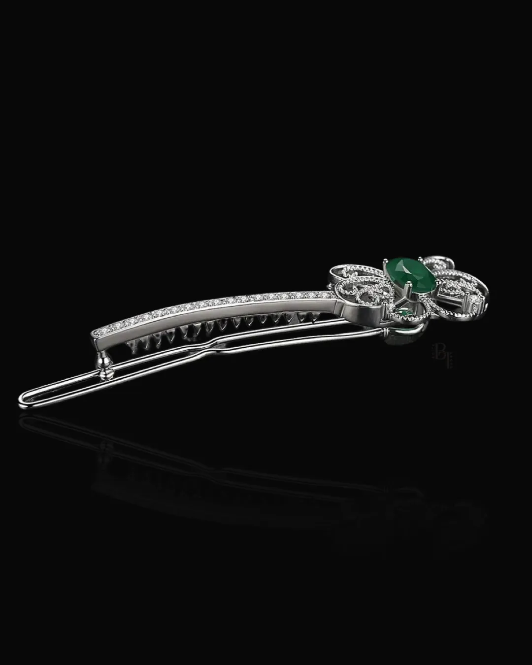 Emerald Bow 14k White Gold Hair Pin with Set of Signature Silver Bobby Pins