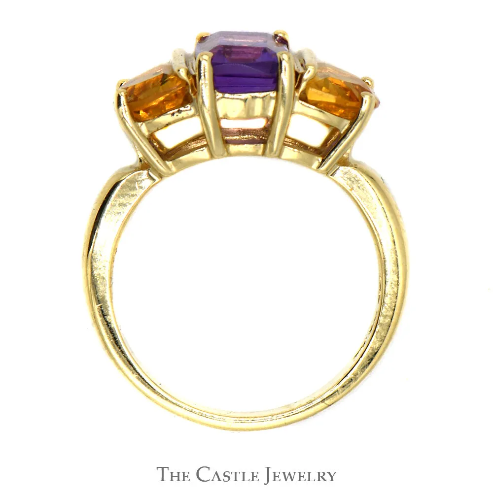 Emerald Cut Amethyst and Semi Circle Citrine Sides in 10k Yellow Gold
