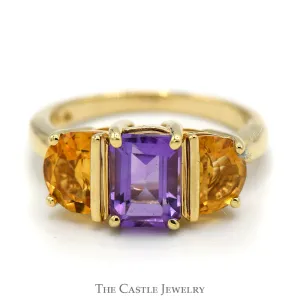 Emerald Cut Amethyst and Semi Circle Citrine Sides in 10k Yellow Gold