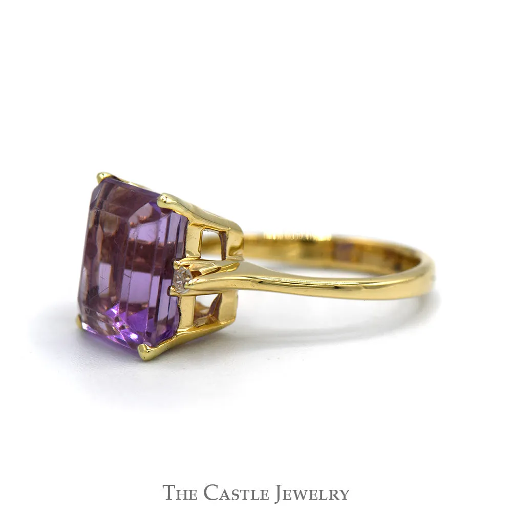Emerald Cut Amethyst Ring with Diamond Accented Sides in 10k Yellow Gold