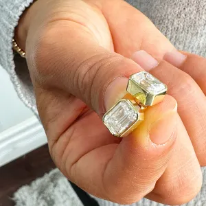 Emerald Cut Diamond Earrings IGI Certified Bezel set Style 14k Solid Yellow Solid Gold 4.00ct Screw Back Set Style Stud Lever Back Earrings