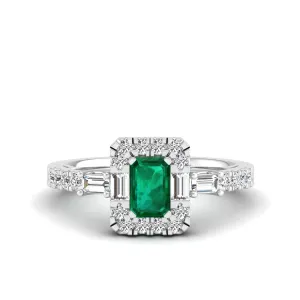 Emerald Cut Emerald with Round and Baguette Diamond Ring