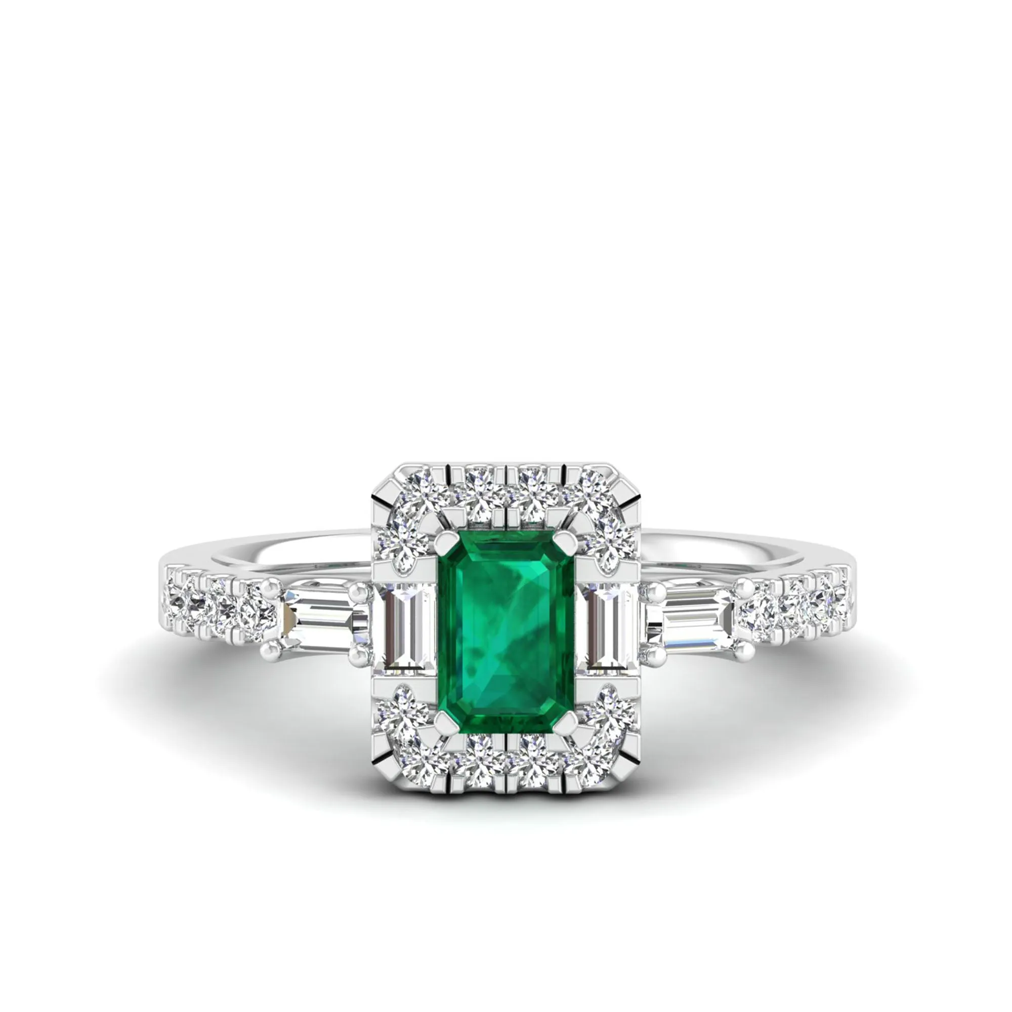 Emerald Cut Emerald with Round and Baguette Diamond Ring