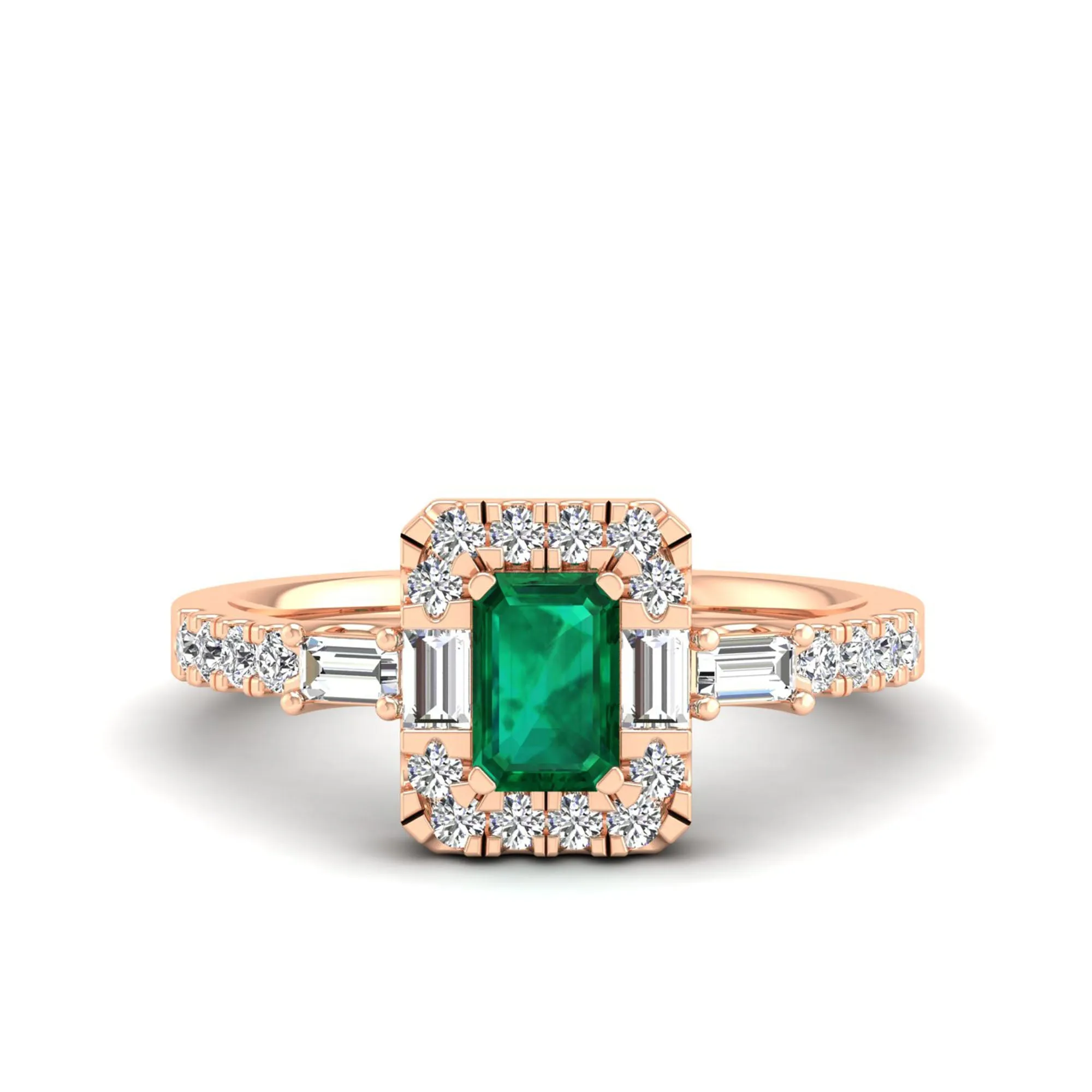 Emerald Cut Emerald with Round and Baguette Diamond Ring