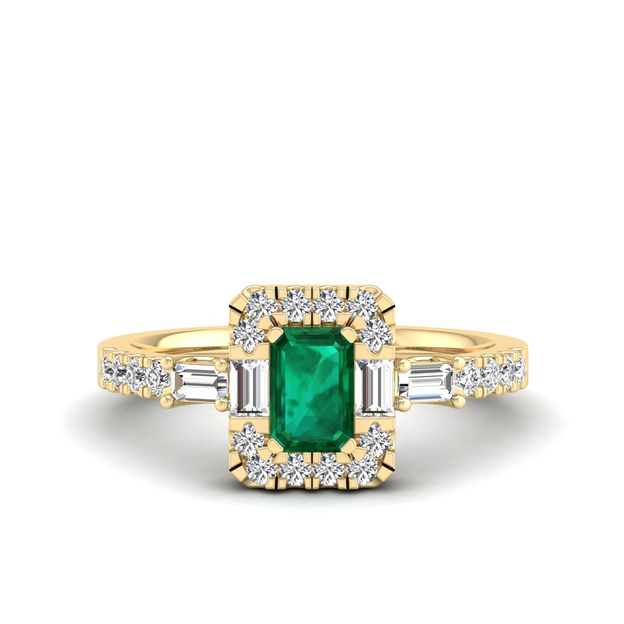 Emerald Cut Emerald with Round and Baguette Diamond Ring