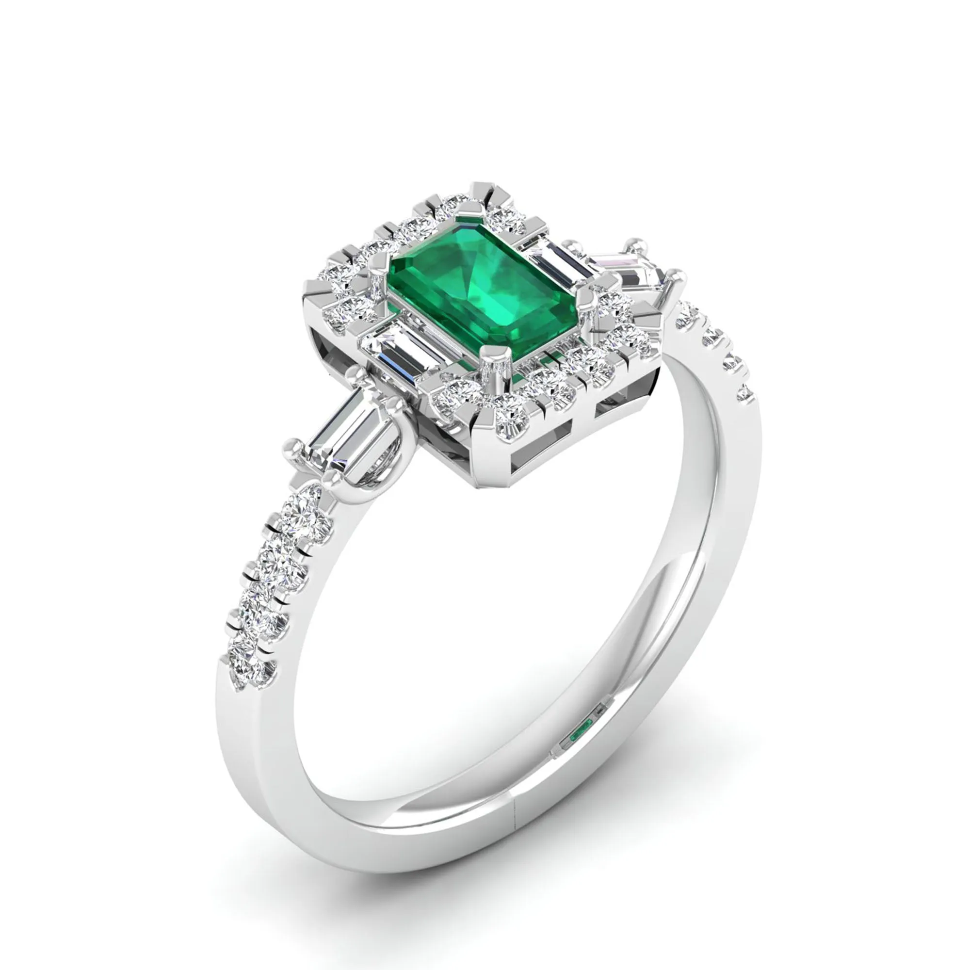 Emerald Cut Emerald with Round and Baguette Diamond Ring