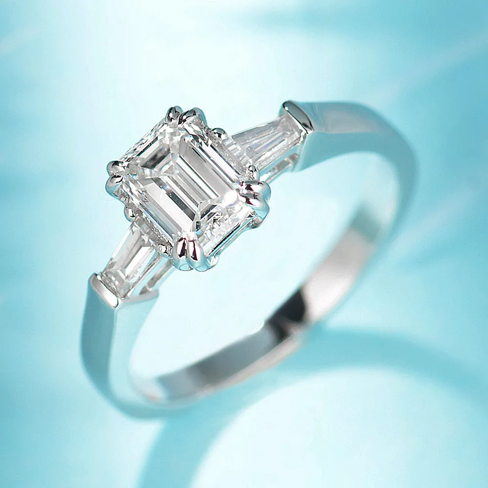 Emerald Cut GIA Diamond Three Stone Engagement Ring