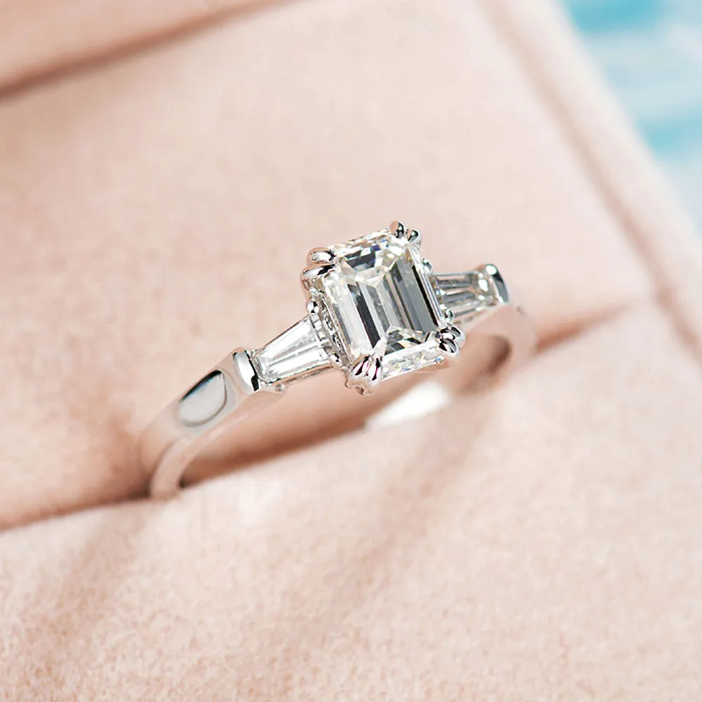 Emerald Cut GIA Diamond Three Stone Engagement Ring