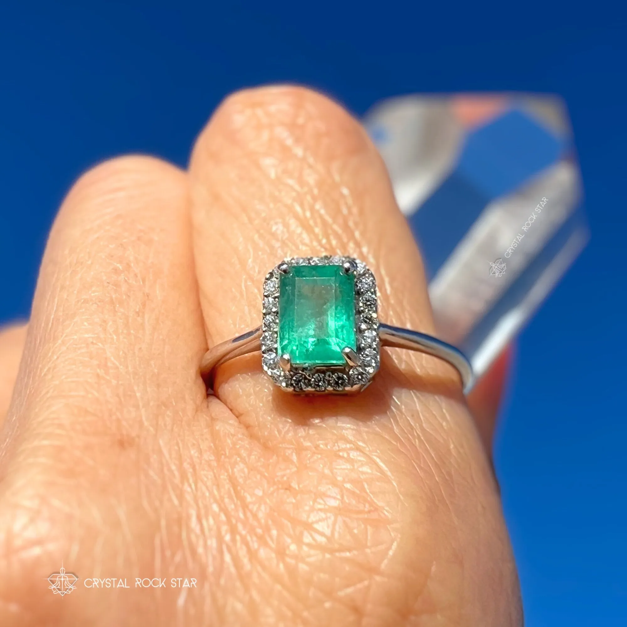 Emerald Cut Halo Sterling Silver Ring 1.1ct Size 9