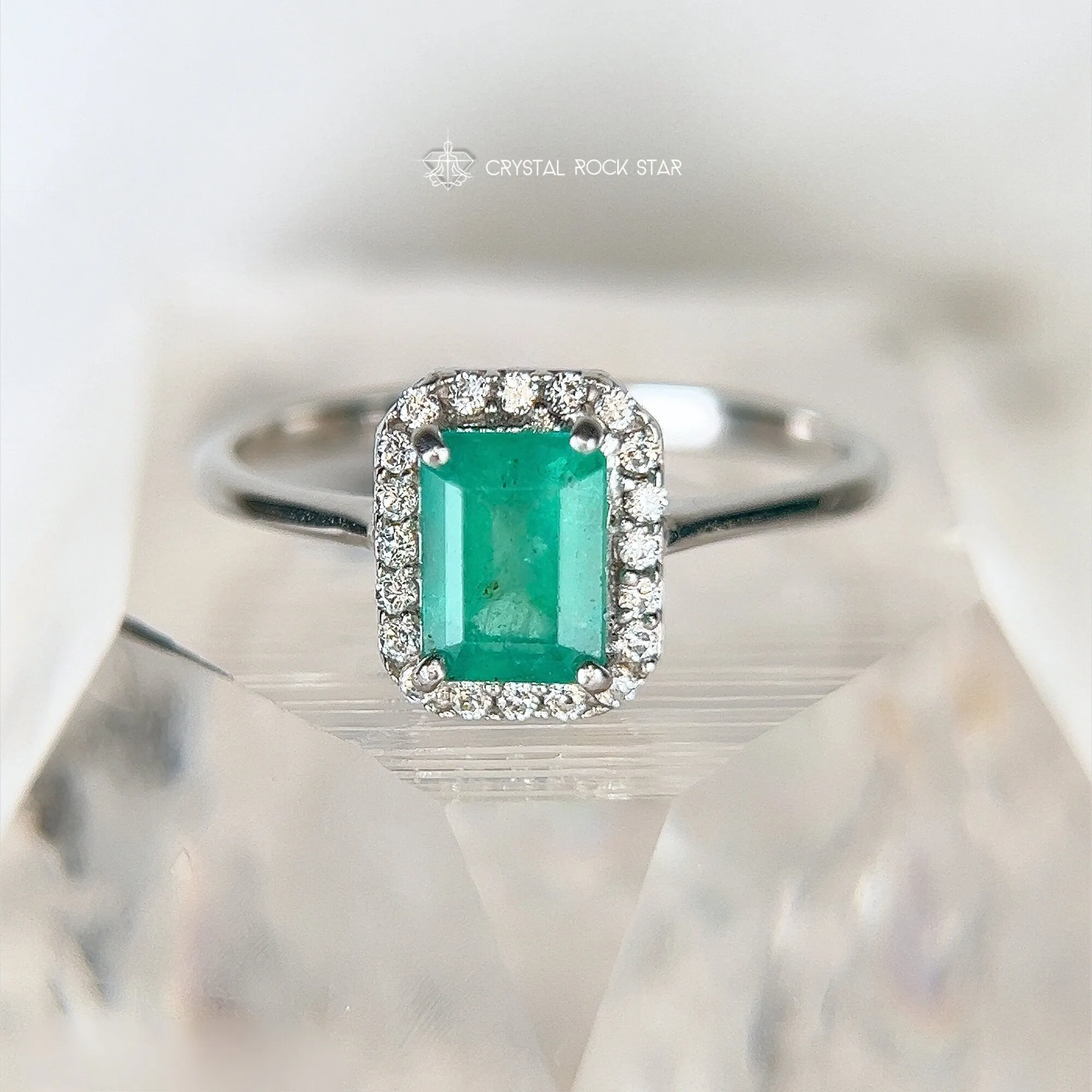 Emerald Cut Halo Sterling Silver Ring 1.1ct Size 9