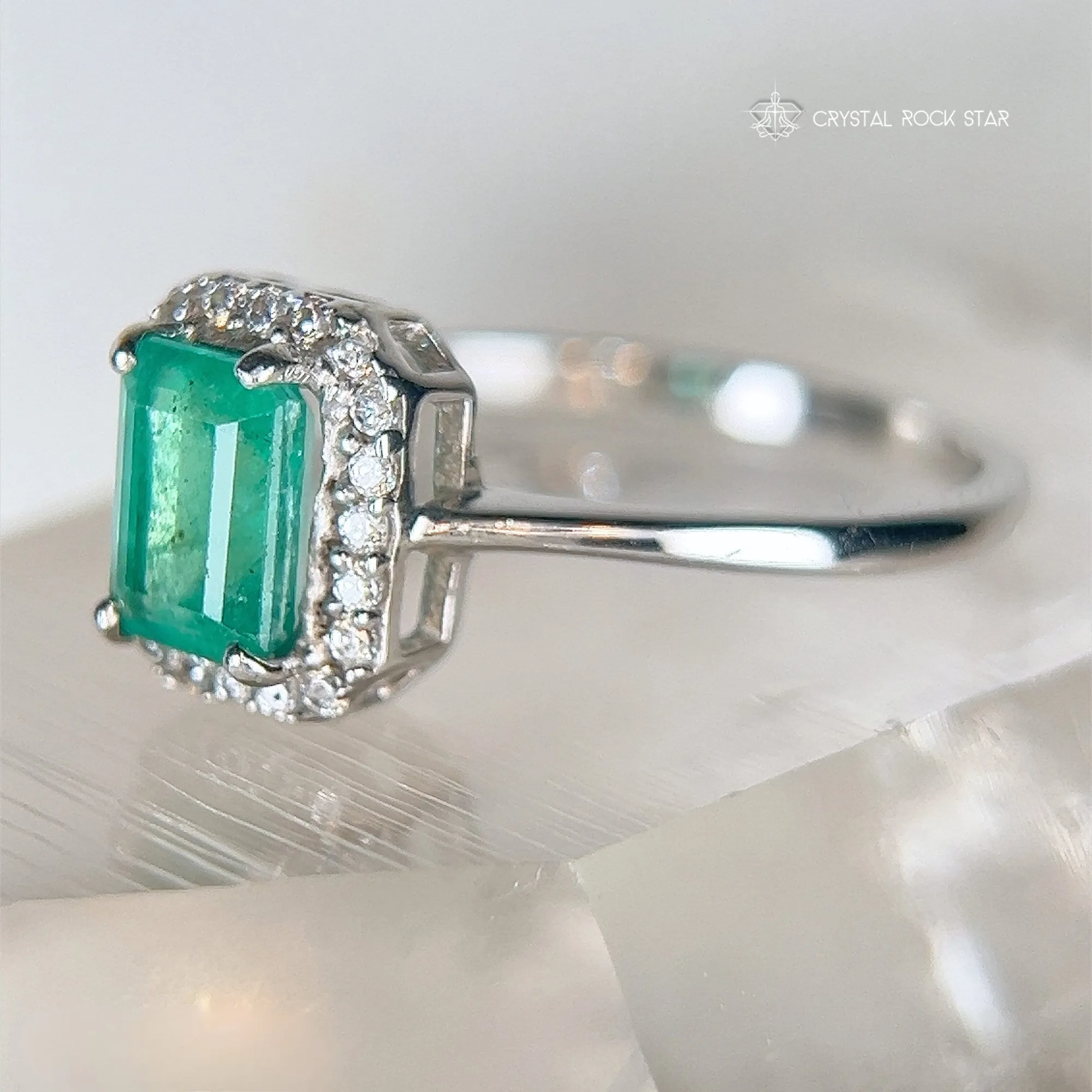 Emerald Cut Halo Sterling Silver Ring 1.1ct Size 9