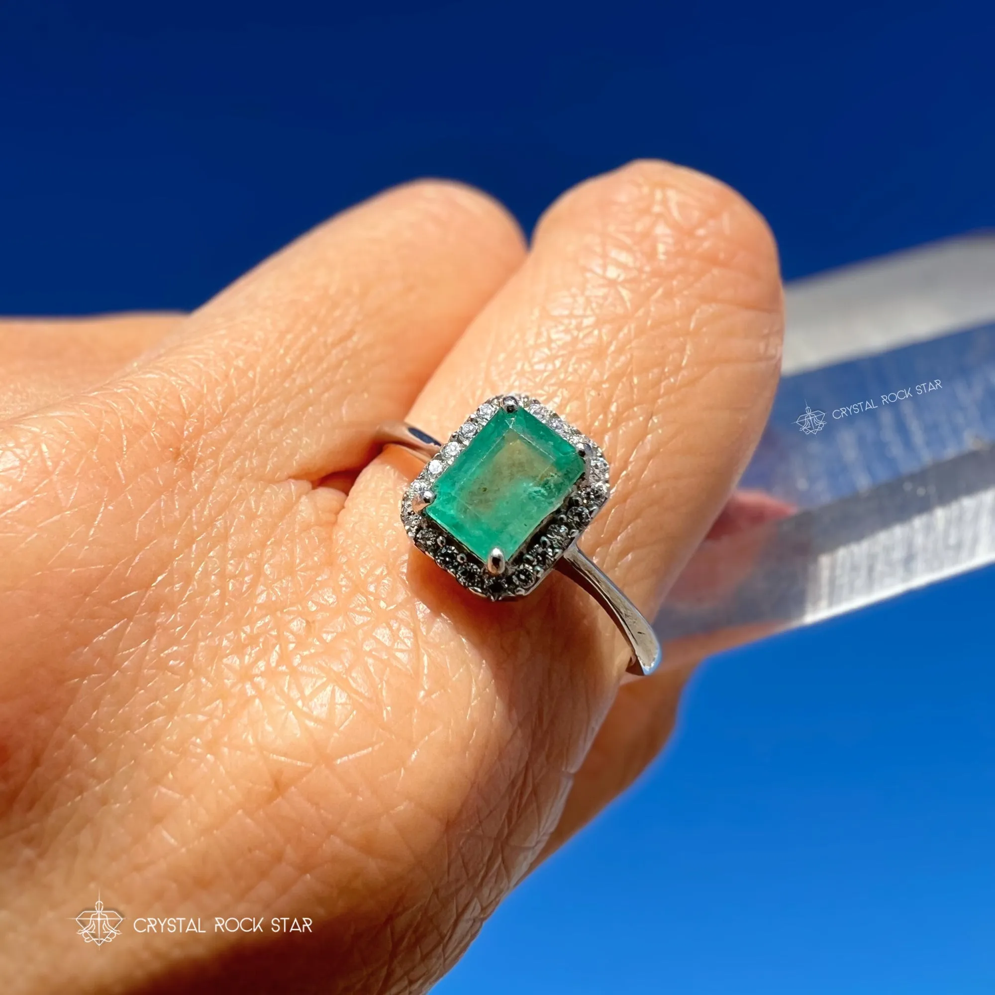 Emerald Cut Halo Sterling Silver Ring 1.1ct Size 9