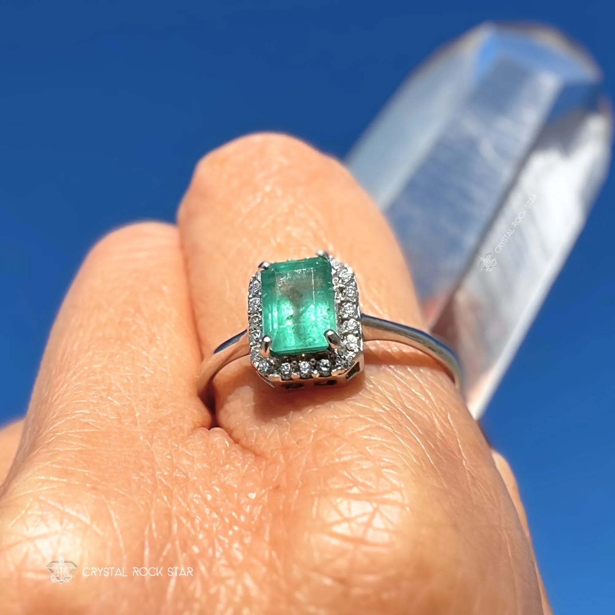 Emerald Cut Halo Sterling Silver Ring 1.1ct Size 9