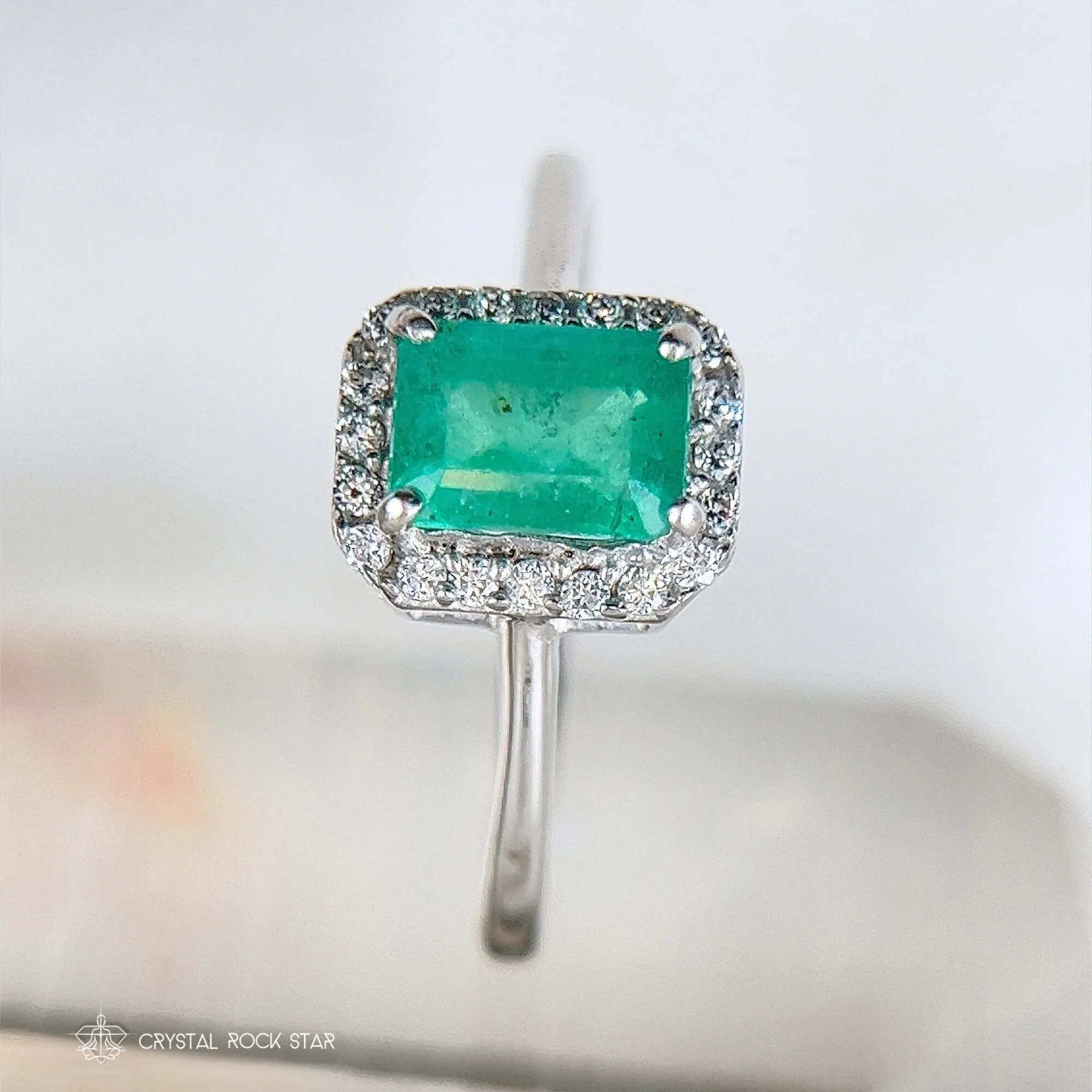 Emerald Cut Halo Sterling Silver Ring 1.1ct Size 9