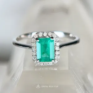 Emerald Cut Halo Sterling Silver Ring 1.1ct Size 9