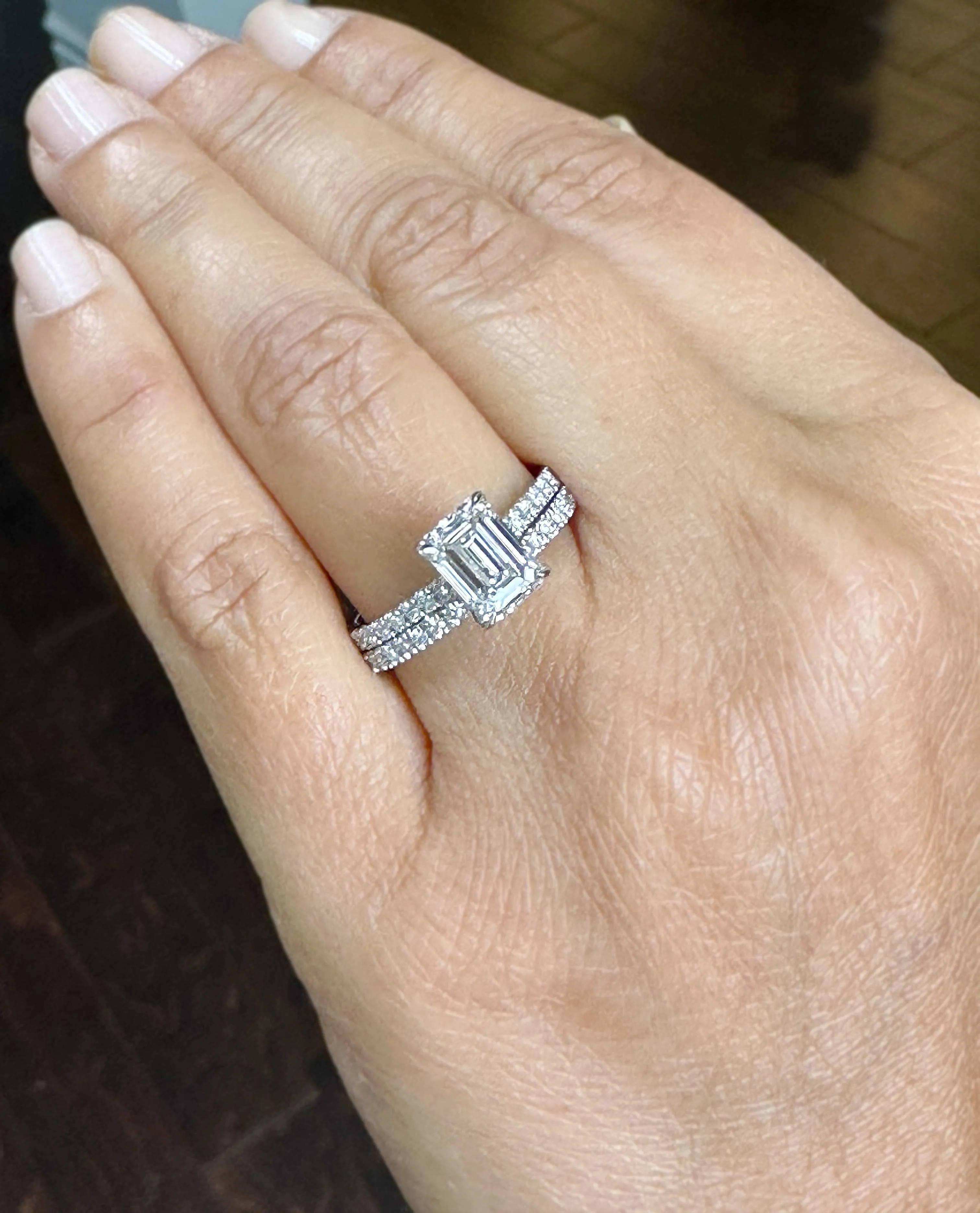 Emerald Cut Moissanite And Round Cut Natural Diamond Engagement Ring And Matching Band 14k Solid White Gold Wedding Bridal Set 2.55ctw