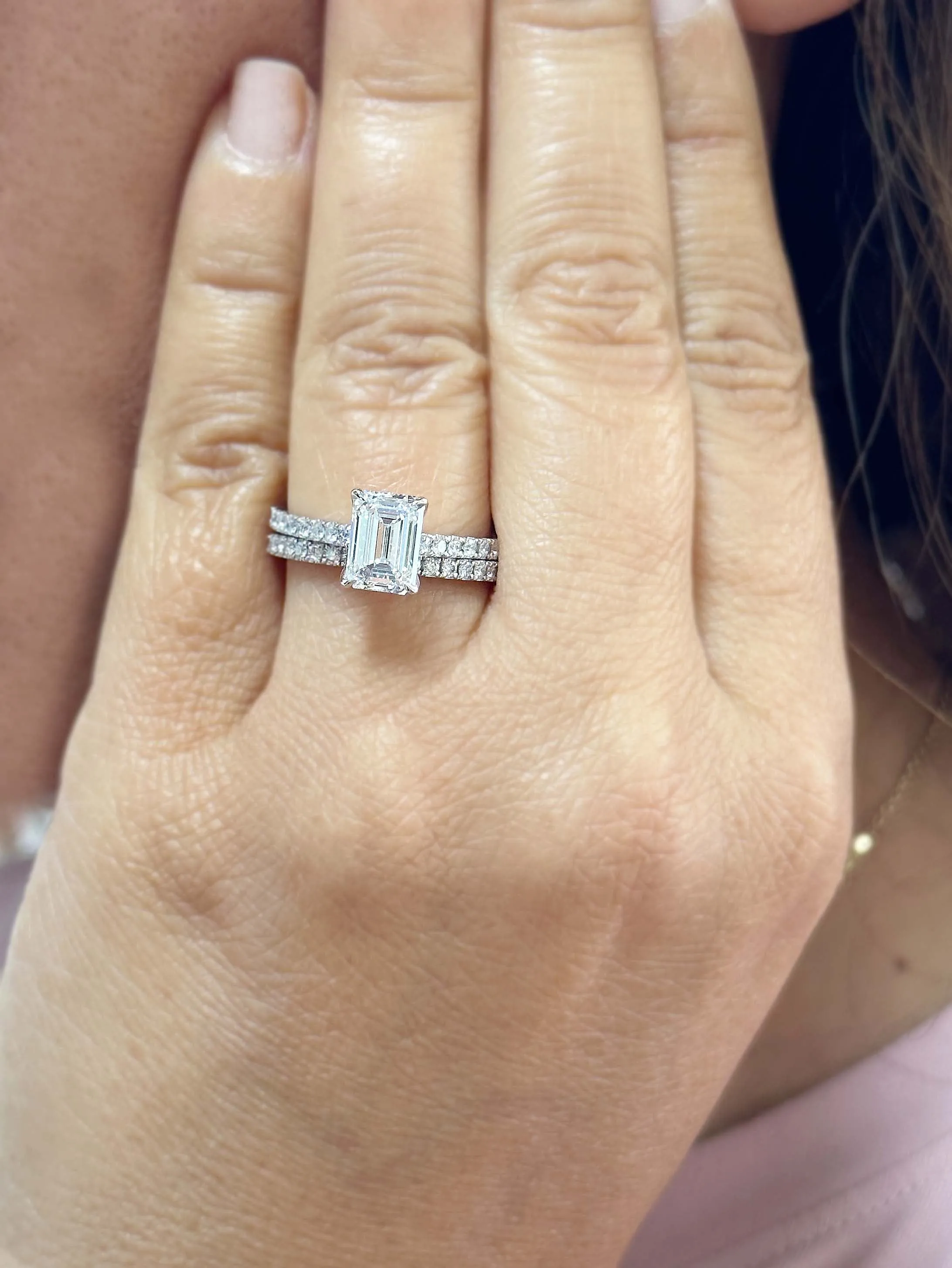 Emerald Cut Moissanite And Round Cut Natural Diamond Engagement Ring And Matching Band 14k Solid White Gold Wedding Bridal Set 2.55ctw