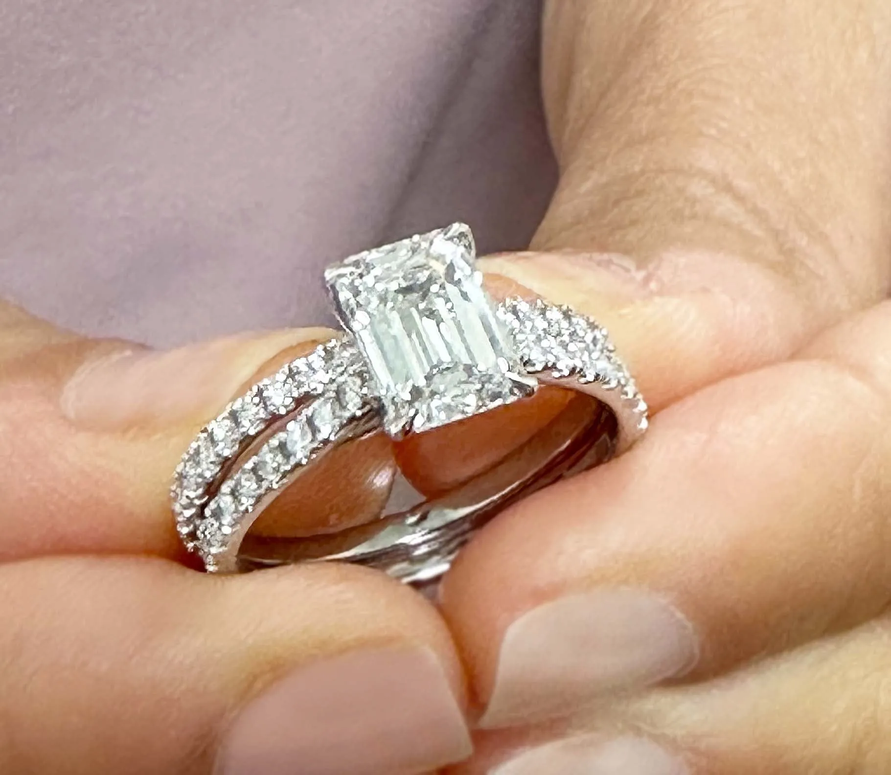 Emerald Cut Moissanite And Round Cut Natural Diamond Engagement Ring And Matching Band 14k Solid White Gold Wedding Bridal Set 2.55ctw
