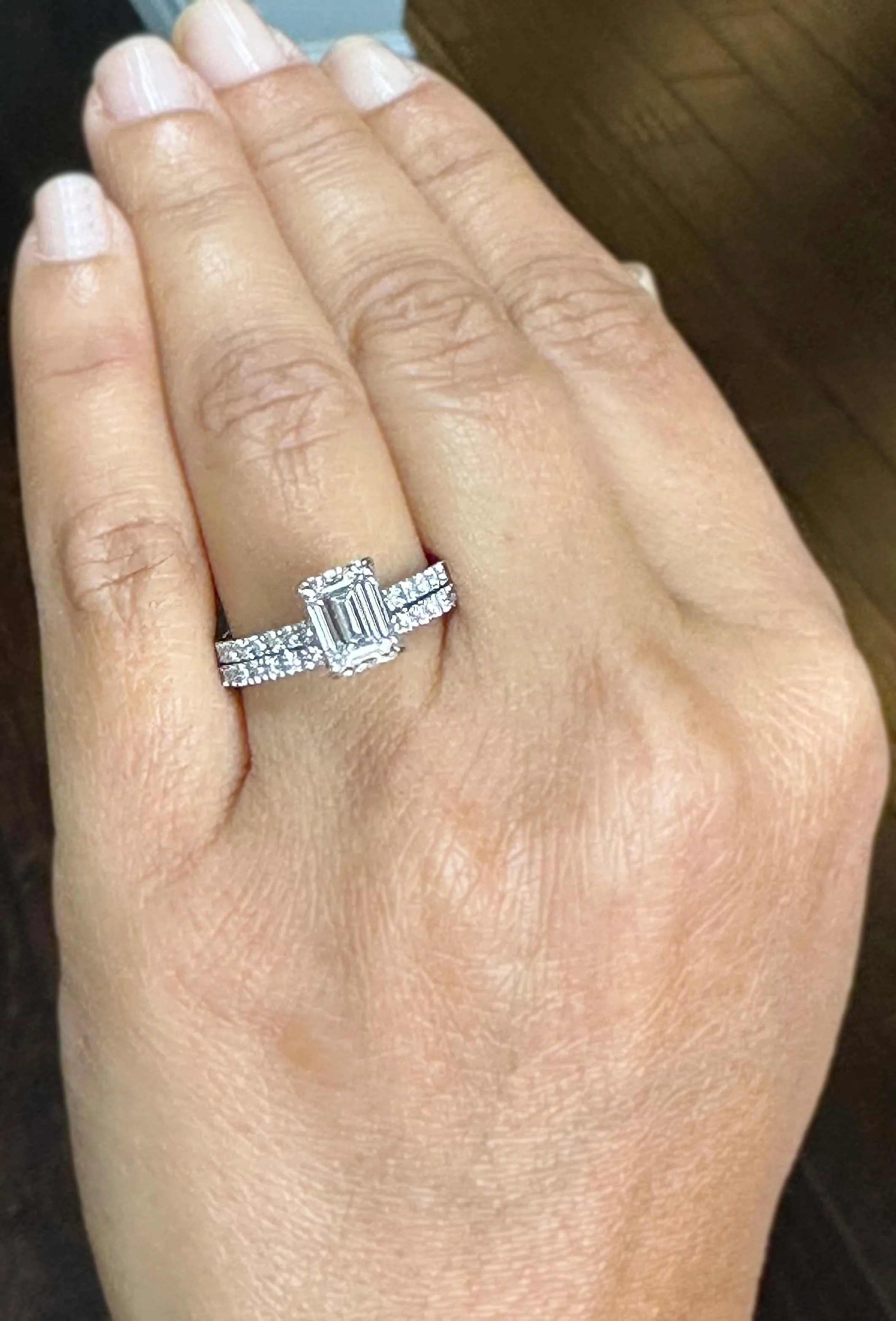 Emerald Cut Moissanite And Round Cut Natural Diamond Engagement Ring And Matching Band 14k Solid White Gold Wedding Bridal Set 2.55ctw