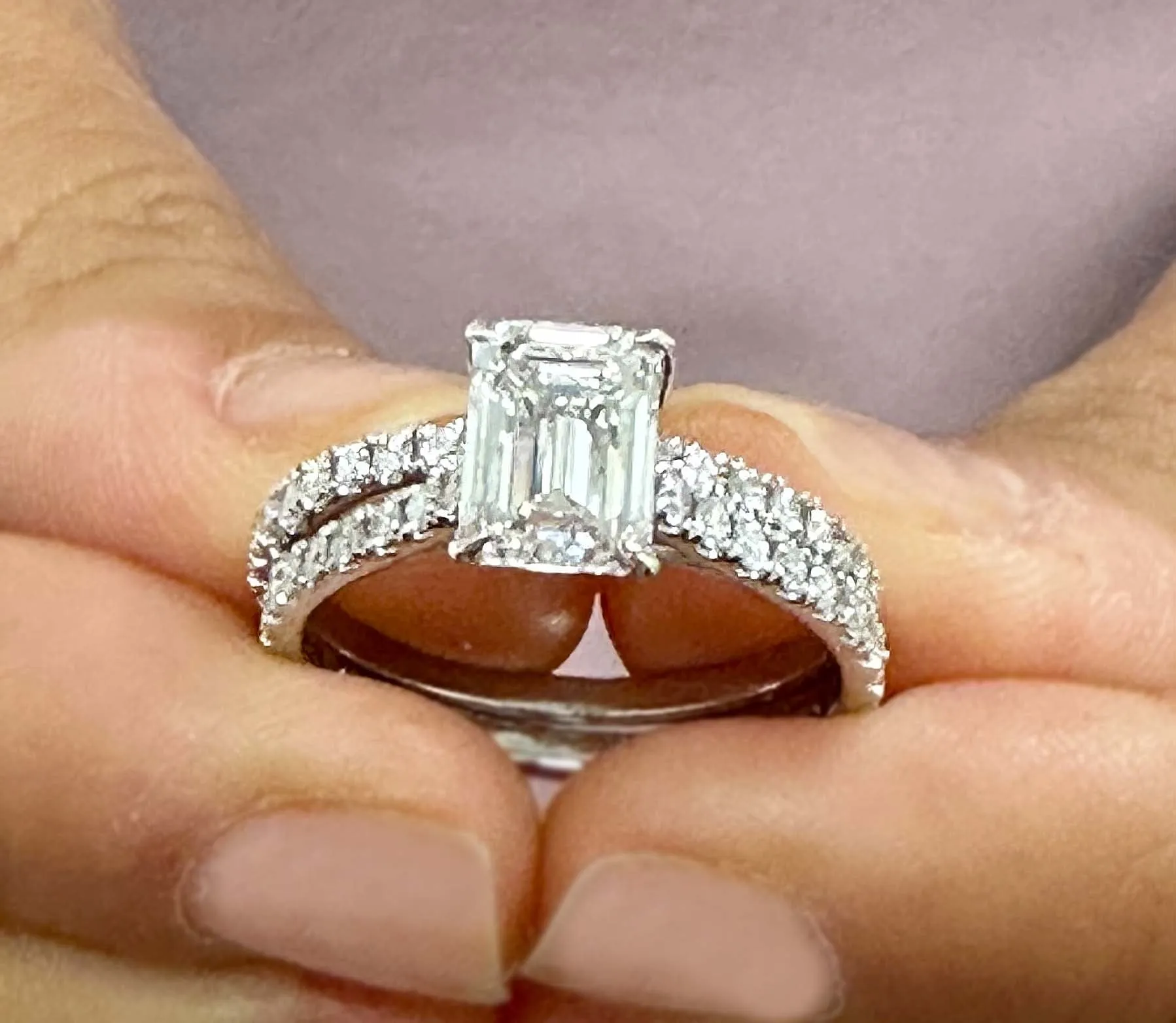 Emerald Cut Moissanite And Round Cut Natural Diamond Engagement Ring And Matching Band 14k Solid White Gold Wedding Bridal Set 2.55ctw