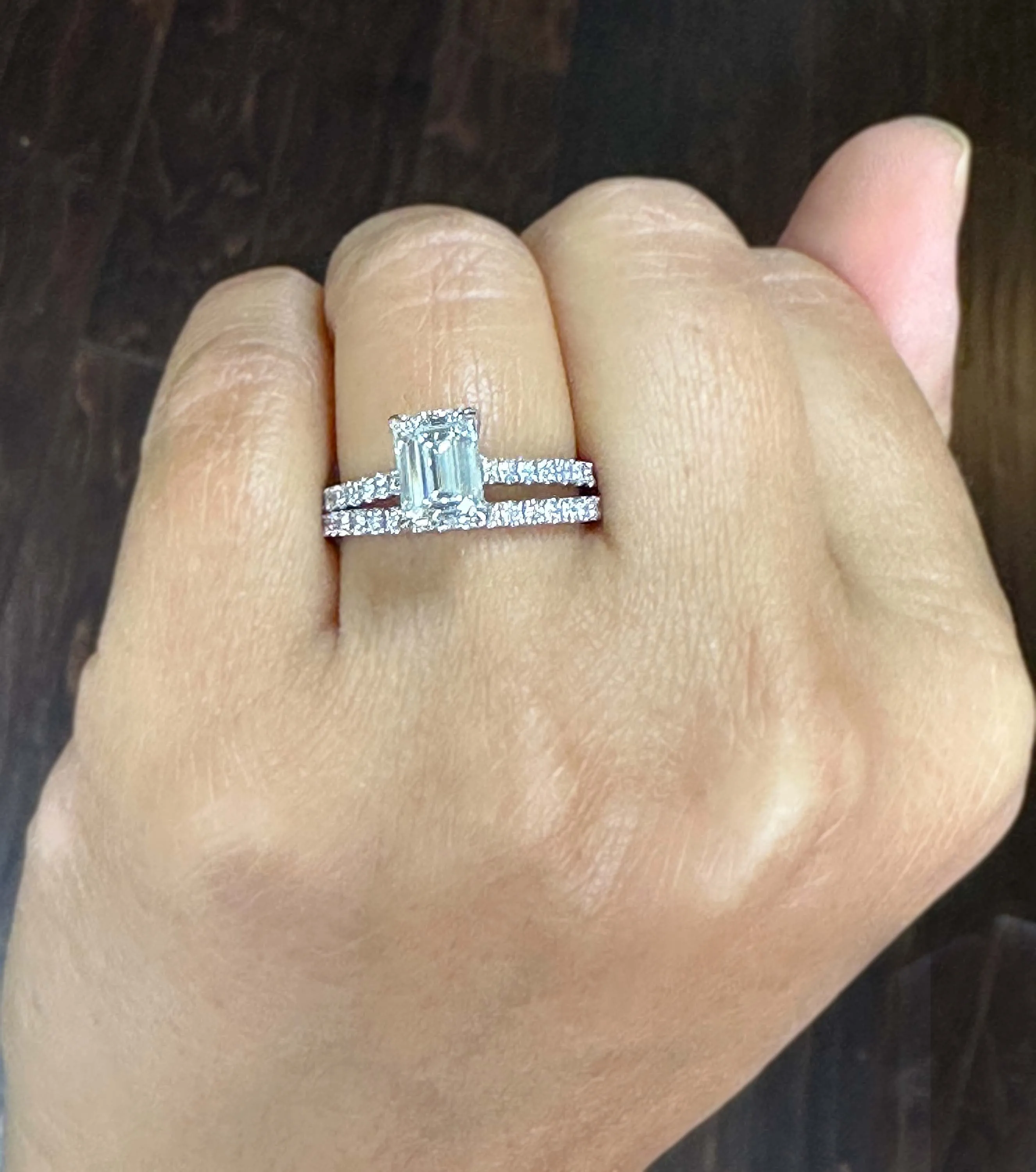 Emerald Cut Moissanite And Round Cut Natural Diamond Engagement Ring And Matching Band 14k Solid White Gold Wedding Bridal Set 2.55ctw