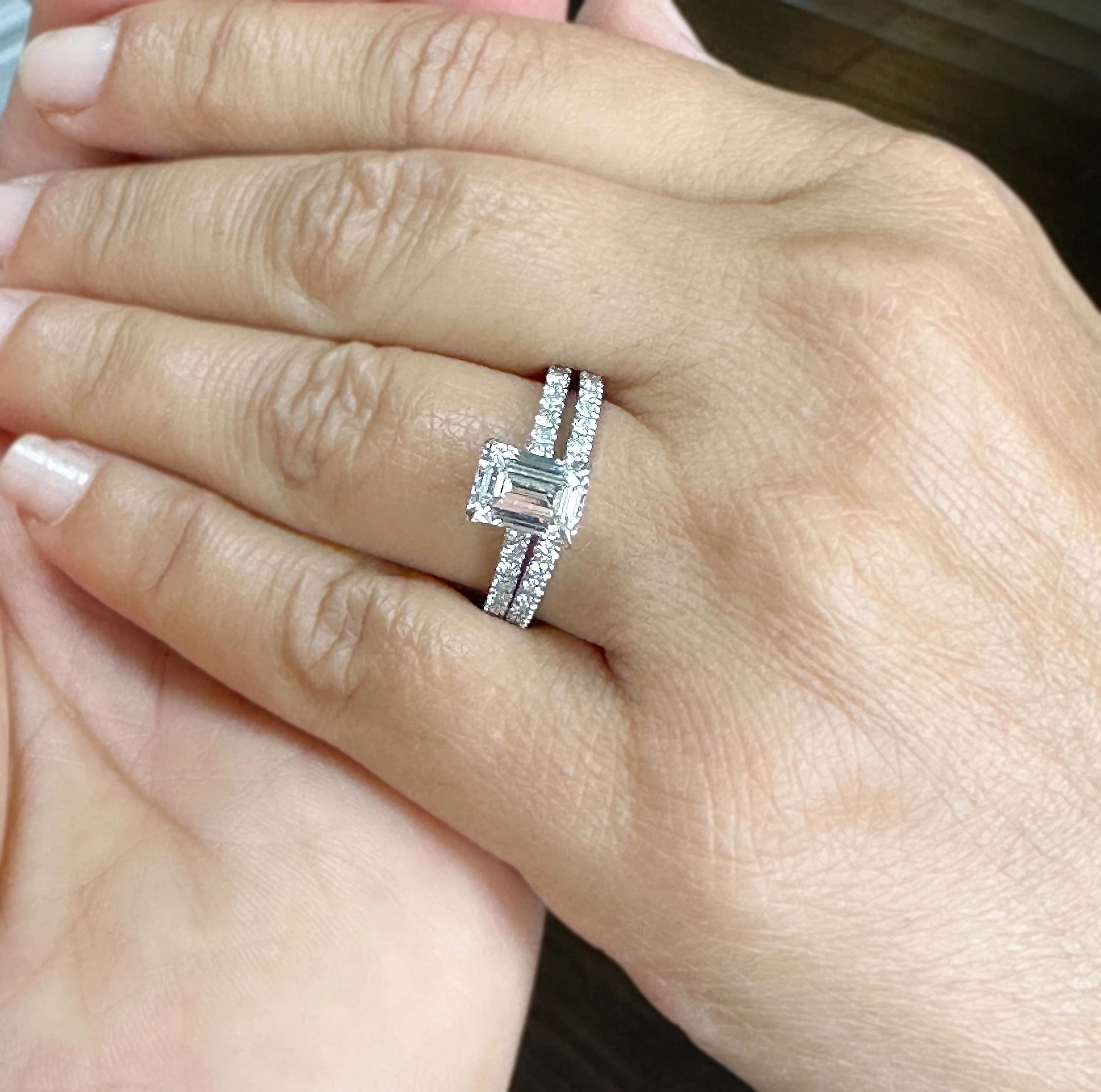 Emerald Cut Moissanite And Round Cut Natural Diamond Engagement Ring And Matching Band 14k Solid White Gold Wedding Bridal Set 2.55ctw