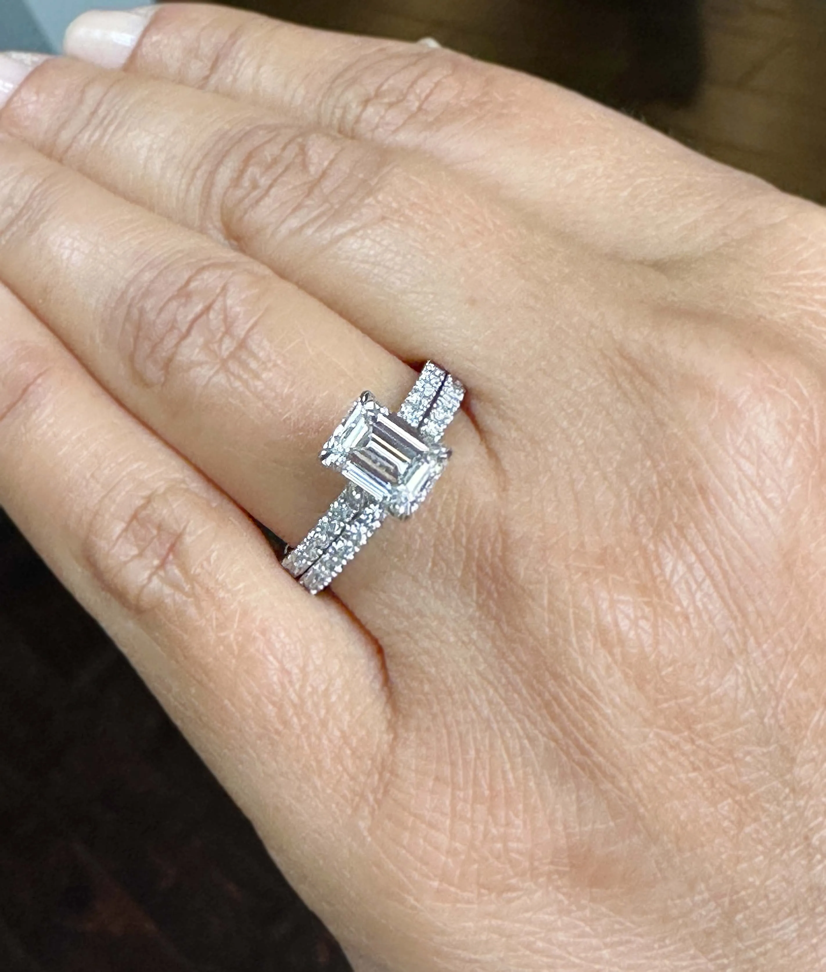 Emerald Cut Moissanite And Round Cut Natural Diamond Engagement Ring And Matching Band 14k Solid White Gold Wedding Bridal Set 2.55ctw