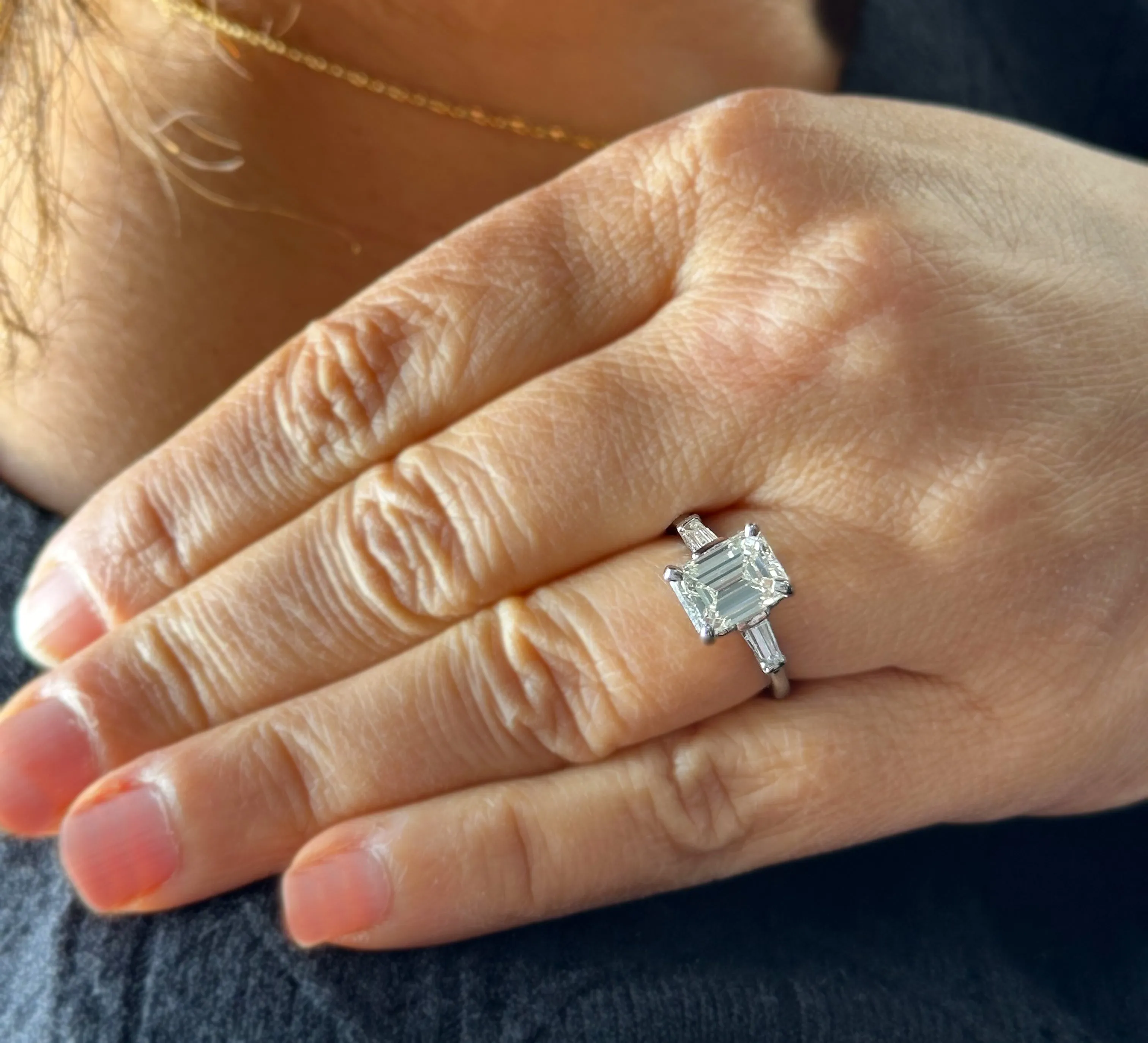 Emerald Cut Moissanite Center And Baguettes Cut Sides Engagement Ring Prong Set Style In 14k Solid White Gold Bridal Wedding Ring 2.40ctw