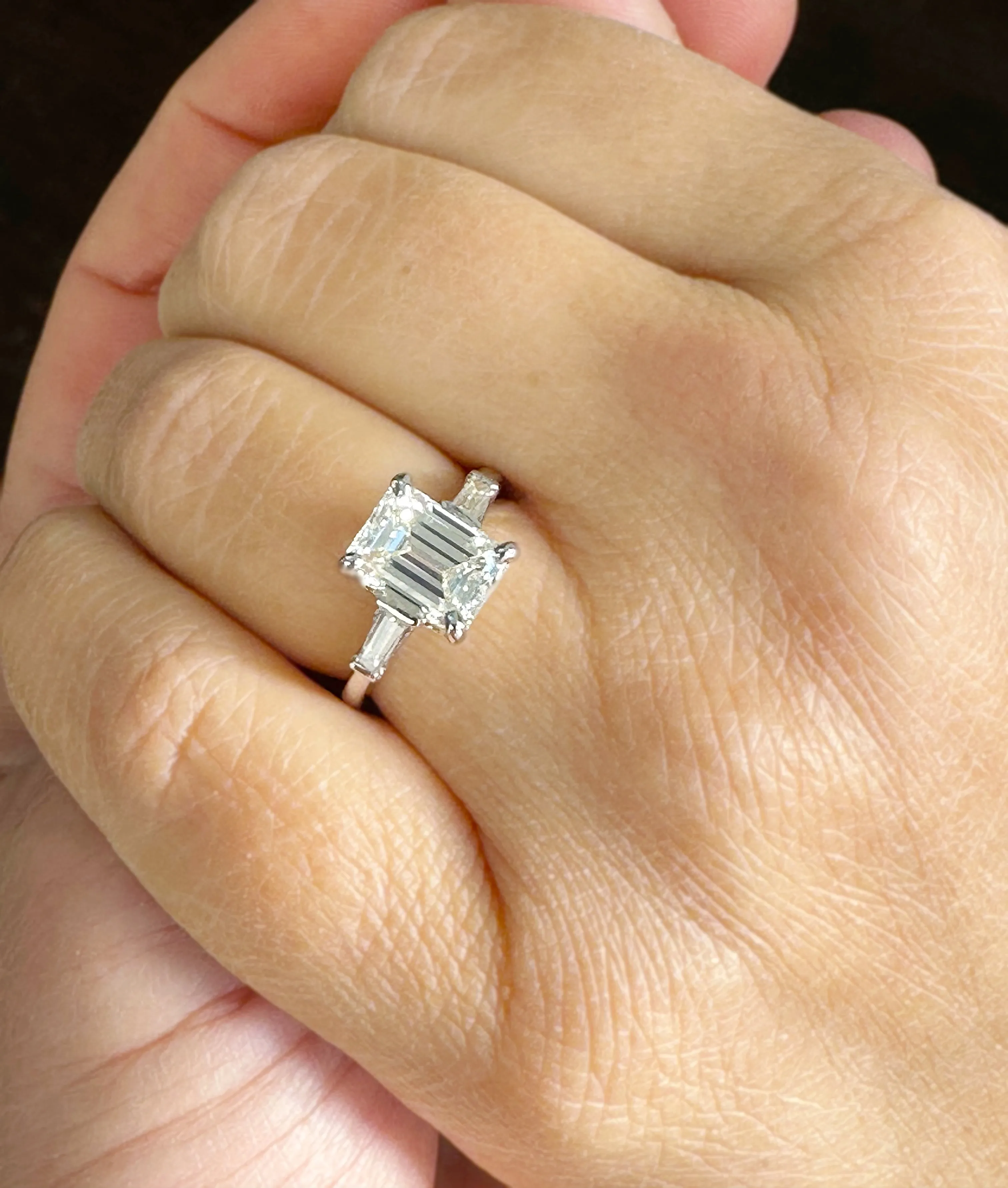 Emerald Cut Moissanite Center And Baguettes Cut Sides Engagement Ring Prong Set Style In 14k Solid White Gold Bridal Wedding Ring 2.40ctw