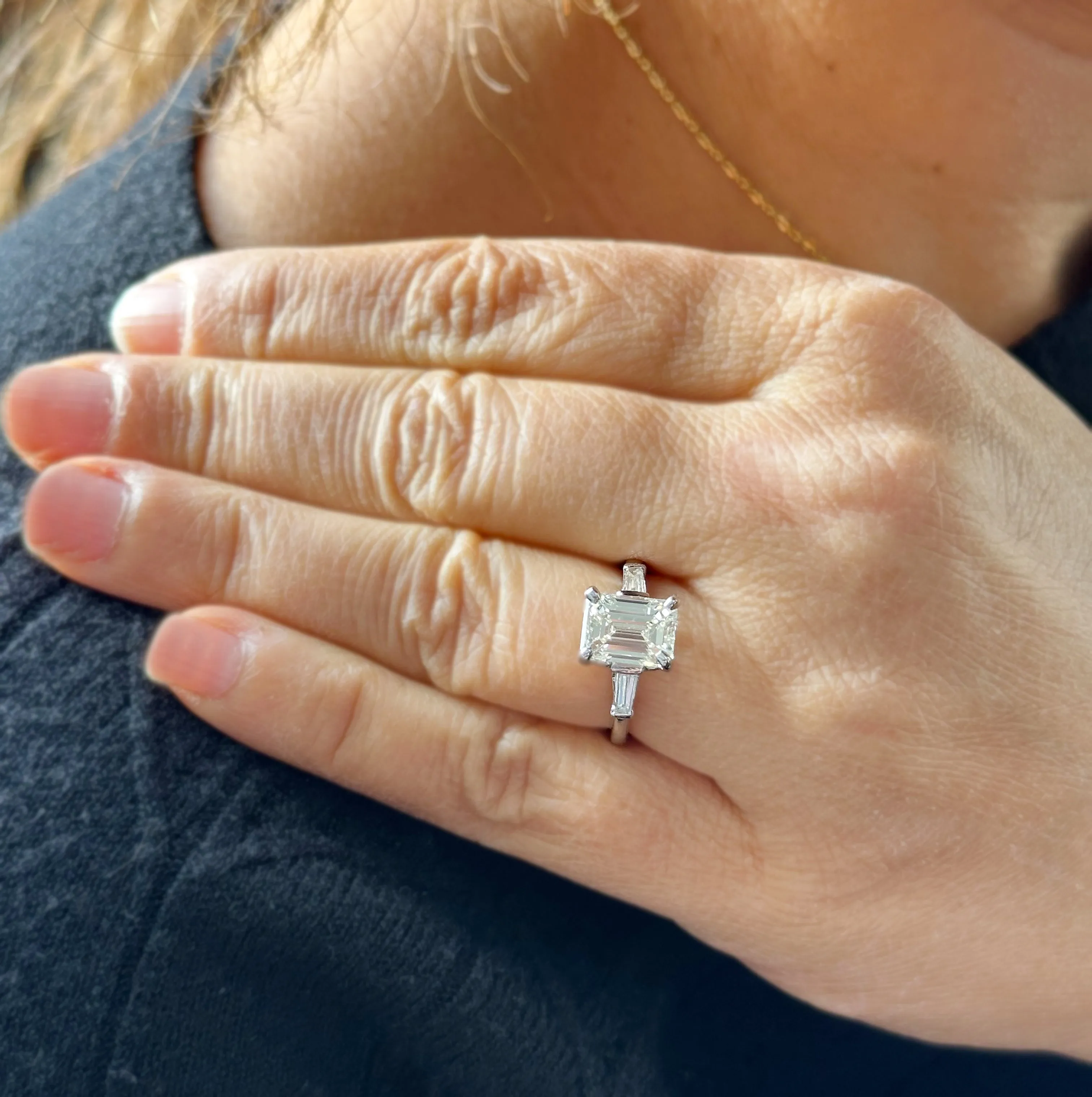 Emerald Cut Moissanite Center And Baguettes Cut Sides Engagement Ring Prong Set Style In 14k Solid White Gold Bridal Wedding Ring 2.40ctw